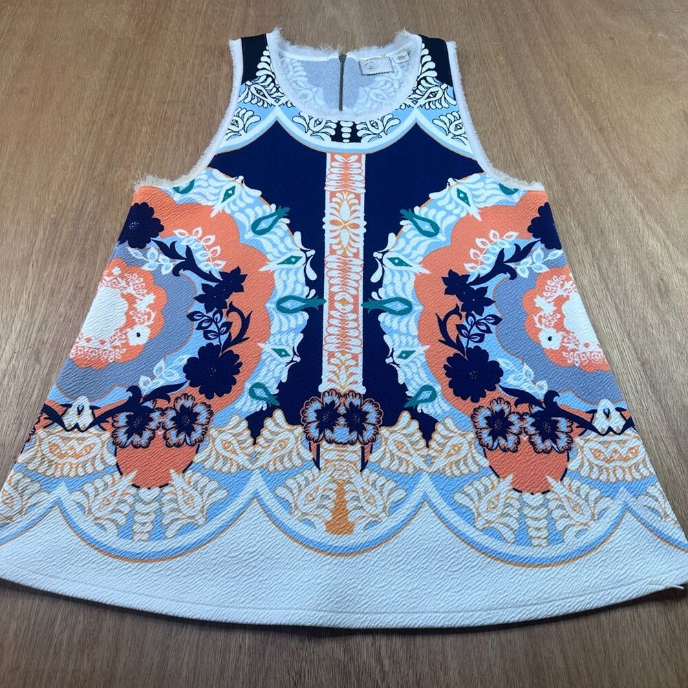 Womens JOA Small Sleeveless Floral Print Top Zip Back Frayed Trim